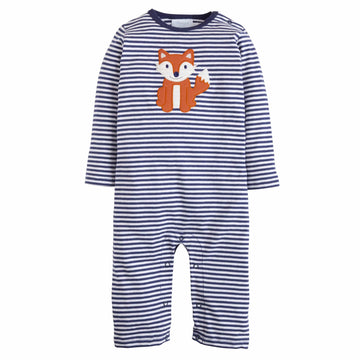 Little English baby boy's navy and white striped romper with fox applique