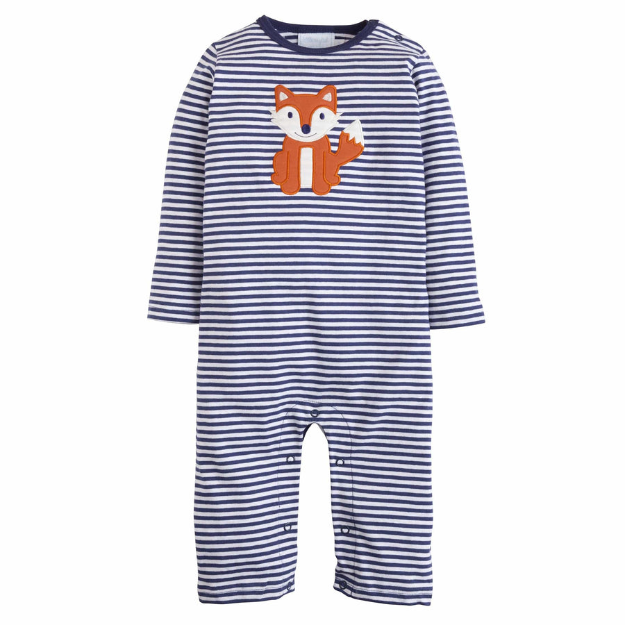 Little English baby boy's navy and white striped romper with fox applique
