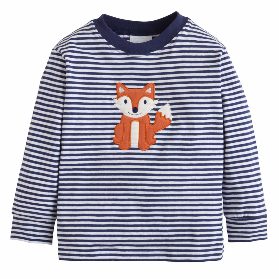Little English boy's navy and white striped t-shirt with fox applique