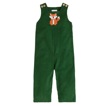 Little English boy's hunter green overall with fox applique