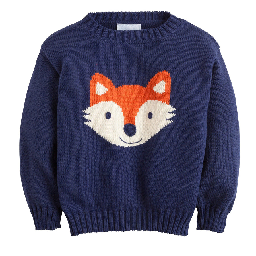 Little English navy intarsia crewneck sweater with fox
