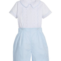 Little English traditional children's clothing.  Toddler boy's dressy blue and white short set with white shirt and blue shorts for Spring.  Special occasion outfit for little boys