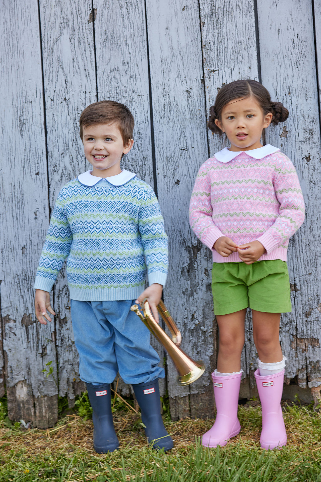 Little English classic childrens clothing toddler boy blue and green fair isle sweater 