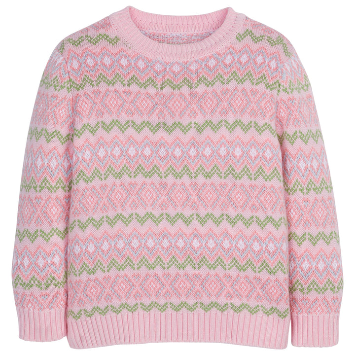 little english classic childrens clothing toddler girls pink green and light blue fair isle sweater