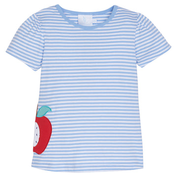 Little English girl's blue and white striped applique t-shirt with apple motif