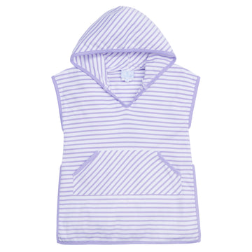 classic childrens clothing girls beach cover up with lavender and white stripes with a hood