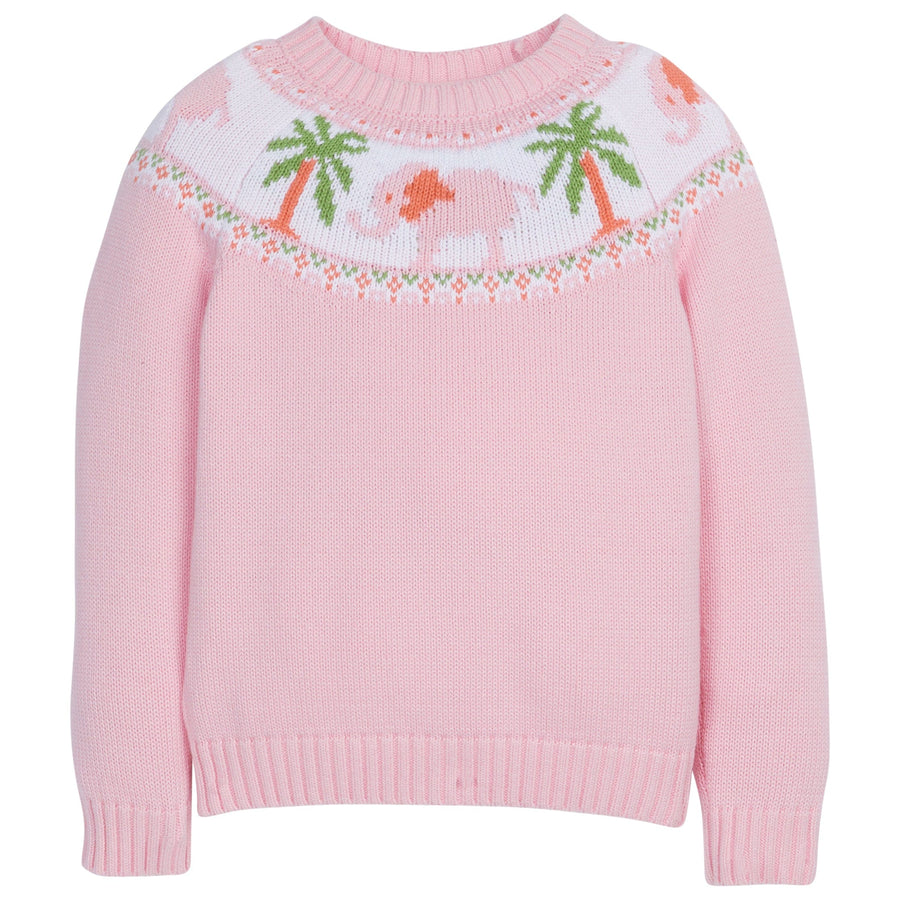 Little English classic childrens clothing toddler girl pink fair isle sweater with elephant and palm tree motifs