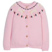 little english classic childrens clothing girls pink fair isle cardigan with white lab motifs and wooden buttons