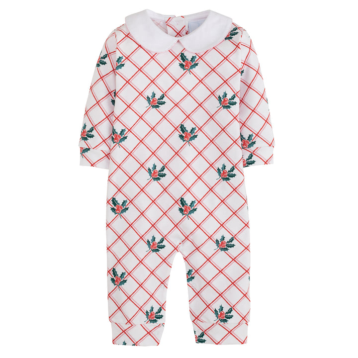 classic childrens clothing printed playsuit with peter pan collar and holly print 
