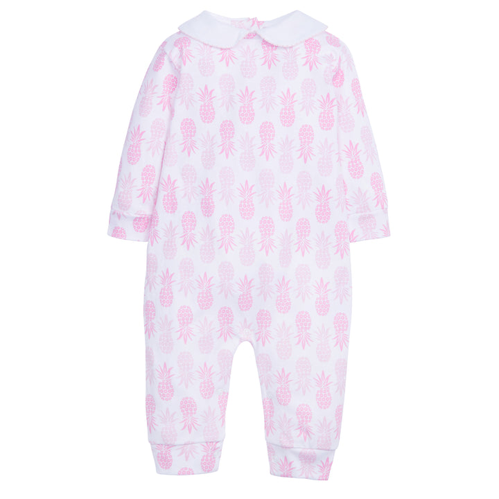 classic childrens clothing girls playsuit with peter pan collar and printed pink pineapple