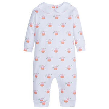 little english classic childrens clothing company playsuit with pink and orange pumpkin motif and peter pan collar