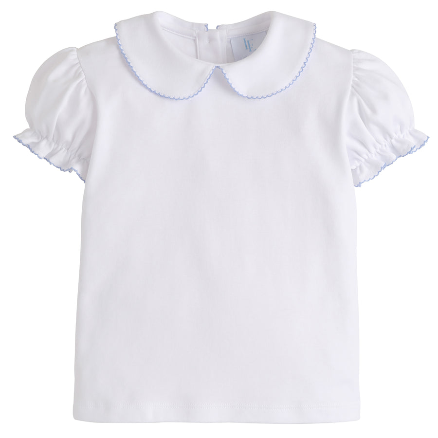 Little English classic children's clothing, girl's short sleeve knit blouse with peter pan collar and light blue picot trim
