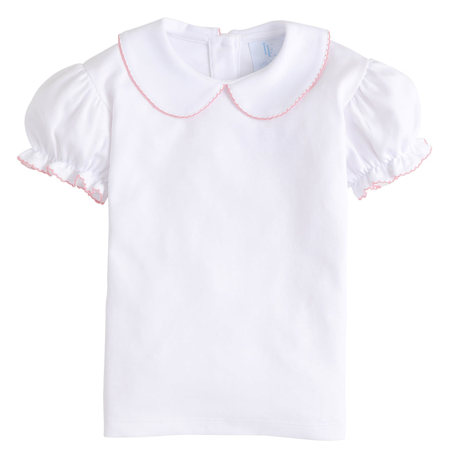 Little English classic children's clothing, girl's short sleeve knit blouse with peter pan collar and light pink picot trim