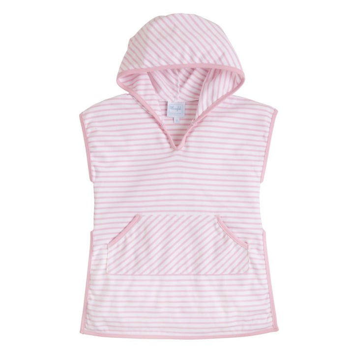 Little English girl's beach popover in white and light pink stripes with hood