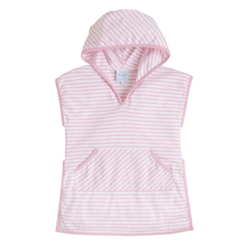 Little English girl's beach popover in white and light pink stripes with hood