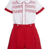 Little English traditional children's clothing, Graham Short Set with red bottoms and collared white top, smocked detailing on chest and buttons around hips, for little boy