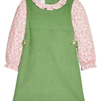 Little English traditional children's clothing. Watercress Green and pink floral long sleeve jumper set for girls.