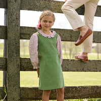 Little English traditional children's clothing. Watercress Green and pink floral long sleeve jumper set for girls.