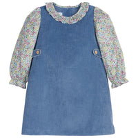 Little English classic childrens clothing tween girls gray blue corduroy jumper set with floral sleeves and floral ruffled collar