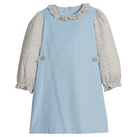 little english classic children's clothing light blue button tab dress and light tan and blue long sleeve floral top with ruffle collar for girls for fall 