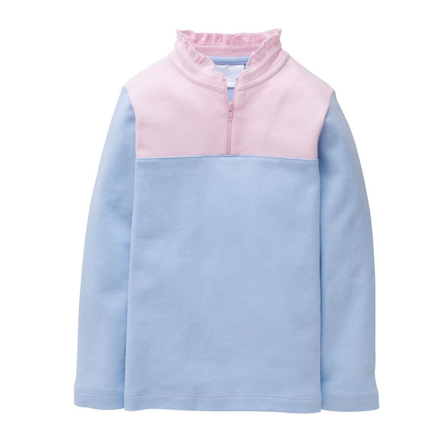 little english classic childrens clothing girls pink and blue color blocked quarter half zip with ruffle collar