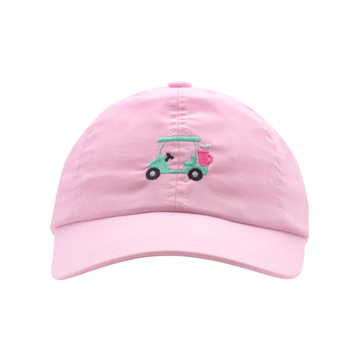 Little English traditional children's clothing, girl's pink chambray ball cap with green embroidered golf cart for Spring, Wee Ones classic ball cap