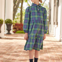 Little English classic tween girls long sleeved dress in ashford tartan pattern and ruffling on chest with white buttons