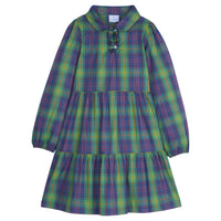 Little English older girl's long sleeve dress for fall, navy and green plaid tiered dress