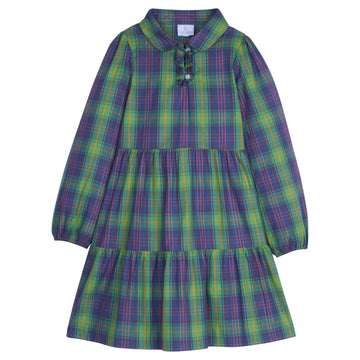 Little English older girl's long sleeve dress for fall, navy and green plaid tiered dress