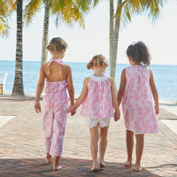 Little English traditional children's clothing, girl's classic jumpsuit in pink havana print for Summer
