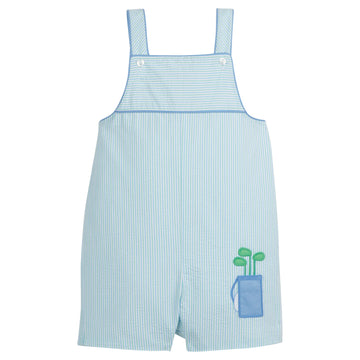 Little English traditional children's clothing, boy's classic shortall in blue and green seersucker with golf bag applique for Spring