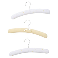Little English traditional children's clothing. Set of 3 unisex padded hangers for baby clothing - 2 white with yellow and white dots, 1 with yellow and white stripes