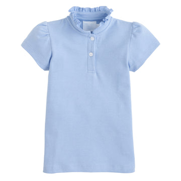 Little English classic children's clothing, girl's light blue knit polo shirt with ruffled collar