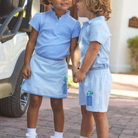 Little English classic children's clothing, girl's light blue knit polo shirt with ruffled collar