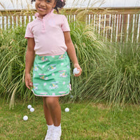 Little English classic children's clothing, girl's light pink knit polo shirt with ruffled collar