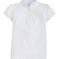 Little English girl's ruffled polo shirt, white knit short sleeve top, uniform shirt for girls