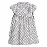 Little English classic children's clothing. Blue, brown, and cream plaid dress with peter pan collar and gray blue corduroy details for little girls for fall