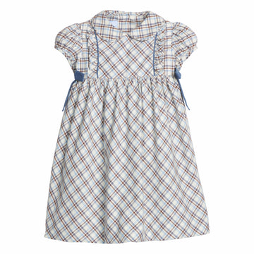 Little English classic children's clothing. Blue, brown, and cream plaid dress with peter pan collar and gray blue corduroy details for little girls for fall
