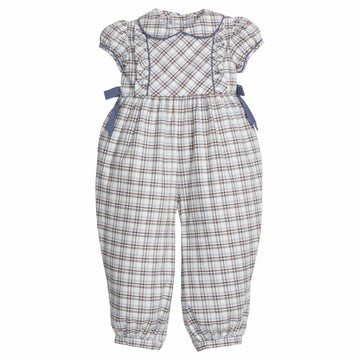 little english classic children's clothing gray blue plaid romper with bows at waist and peter pan collar for girls for fall