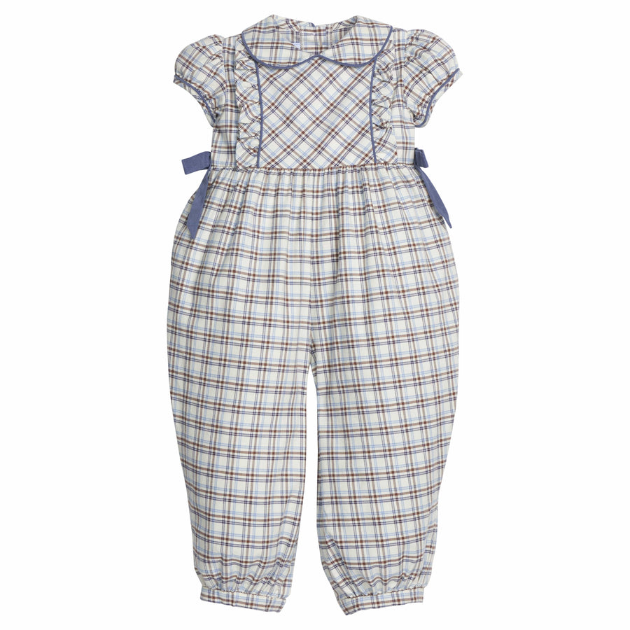 little english classic children's clothing gray blue plaid romper with bows at waist and peter pan collar for girls for fall