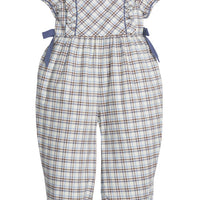 little english classic children's clothing gray blue plaid romper with bows at waist and peter pan collar for girls for fall