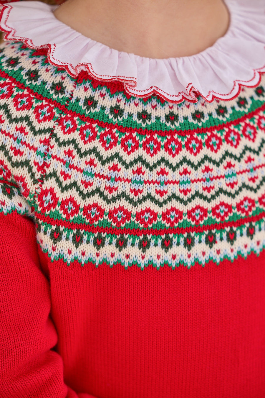 little english classic children's clothing red, green, and cream fair isle sweater for boys and girls for holiday 