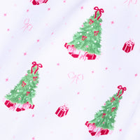 Little English traditional children's clothing. Christmas tree and presents Holly Days print fabric swatch