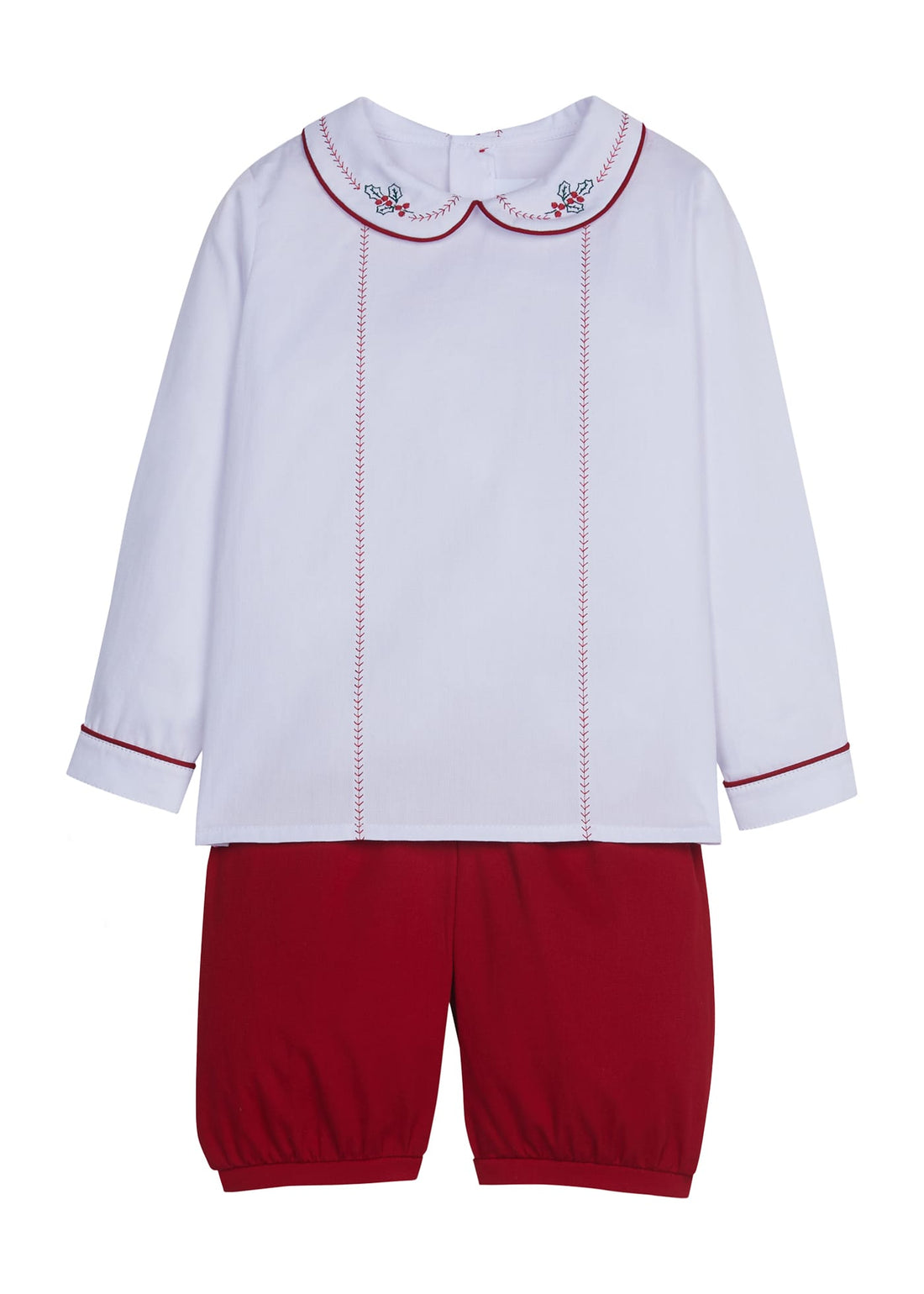 little english classic childrens clothing holly and feather stitch shirt with peter pan collar and red pull on shorts