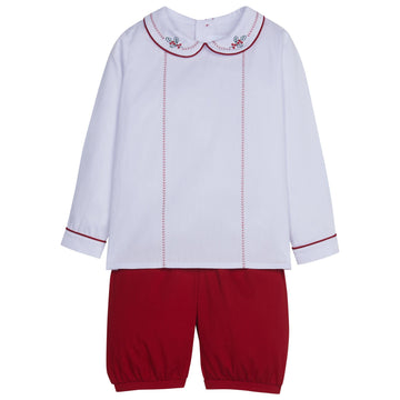 little english classic childrens clothing holly and feather stitch shirt with peter pan collar and red pull on shorts