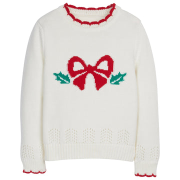 little english classic childrens clothing girls pointelle knit sweater with scalloped neckline and holly and red bow motif