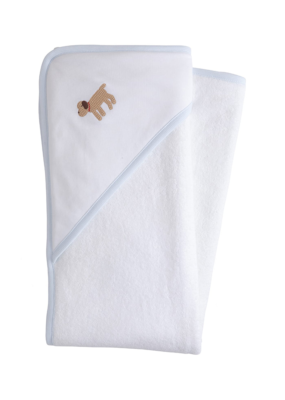 Little English white terry cloth baby towel, hooded towel with embroidered lab and light blue trim