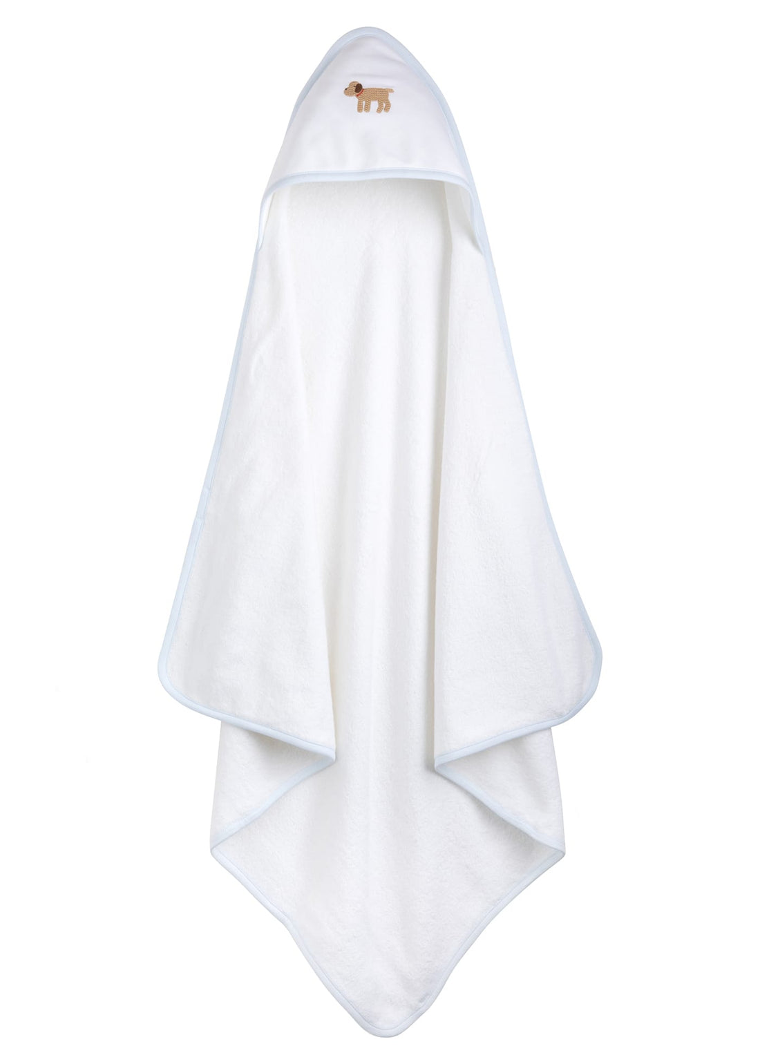 Little English white terry cloth baby towel, hooded towel with embroidered lab and light blue trim