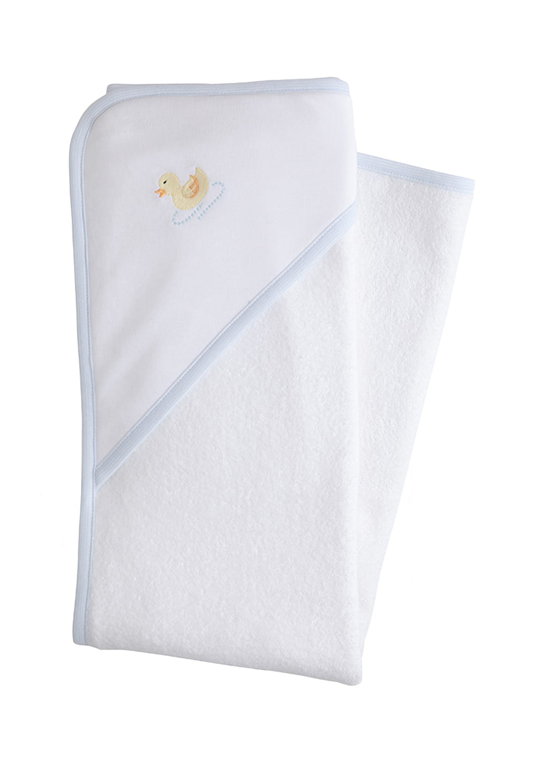 Little English white terry cloth baby towel, hooded towel with embroidered yellow duck and light blue trim