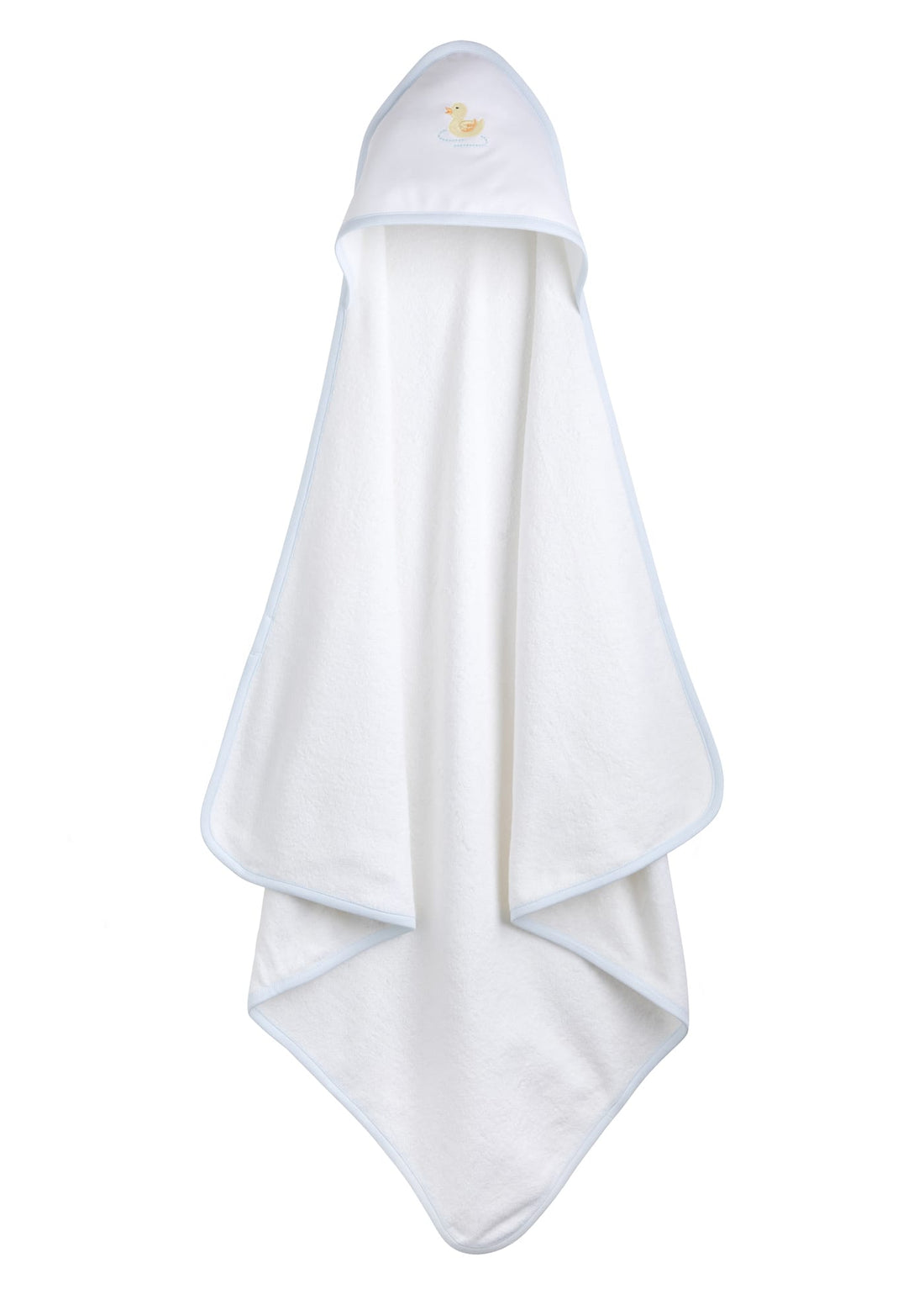 Little English white terry cloth baby towel, hooded towel with embroidered yellow duck and light blue trim